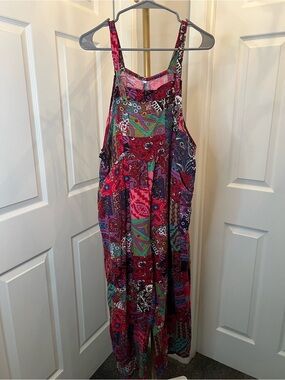 Wide Leg Patchwork overalls in Red Multi